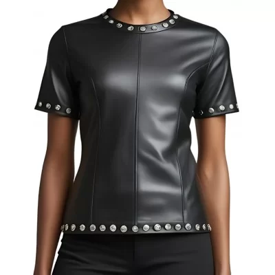 Tee shirt femme en cuir d'agneau noir avec rivets ronds en métal modèle Stanise