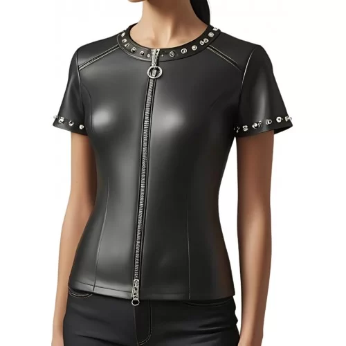 Tee shirt femme en cuir d'agneau noir avec rivets ronds en métal et zips avant et arrière modèle Velina