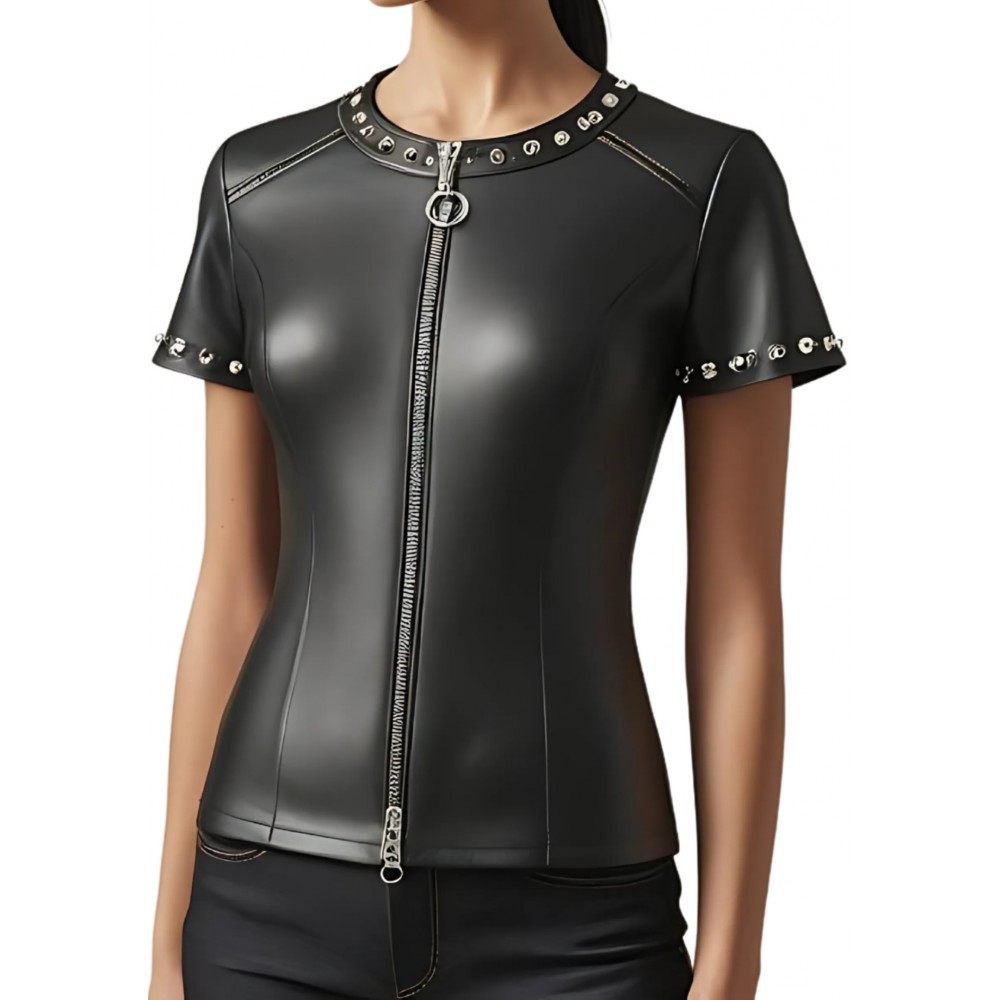 Tee shirt femme en cuir d'agneau noir avec rivets ronds en métal et zips avant et arrière modèle Velina