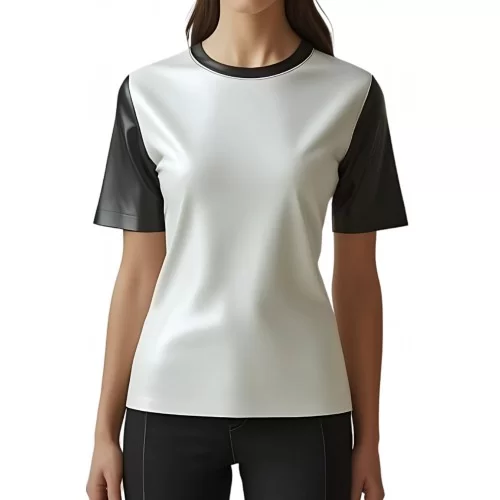 Tee shirt femme bicolore en cuir d'agneau noir et blanc modèle Maria