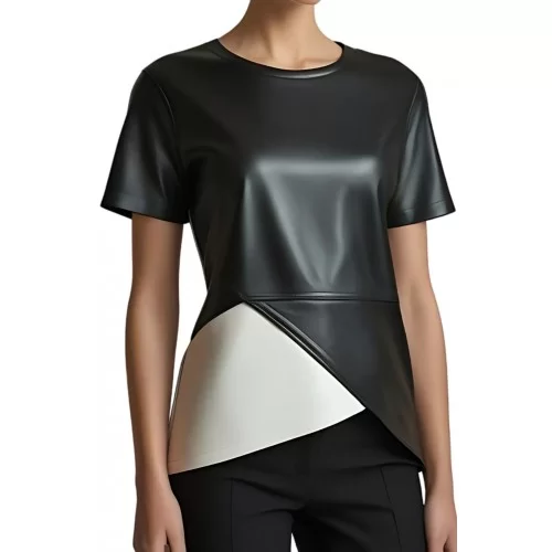 Tee shirt femme bicolore en cuir d'agneau noir et blanc modèle lolane