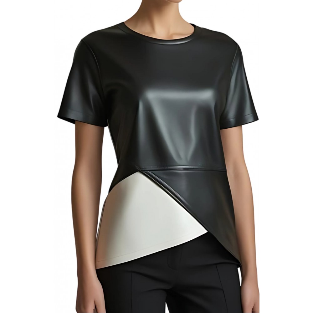 Tee shirt femme bicolore en cuir d'agneau noir et blanc modèle lolane