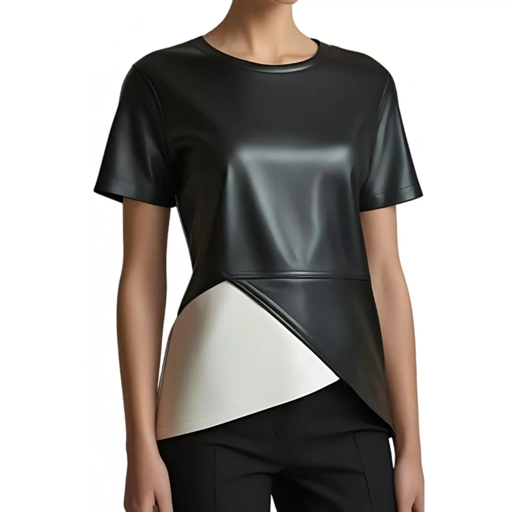 Tee shirt femme bicolore en cuir d'agneau noir et blanc modèle lolane