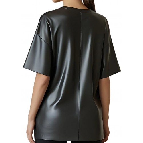 Tee shirt femme coupe évasée en cuir d'agneau noir  modèle Vinca