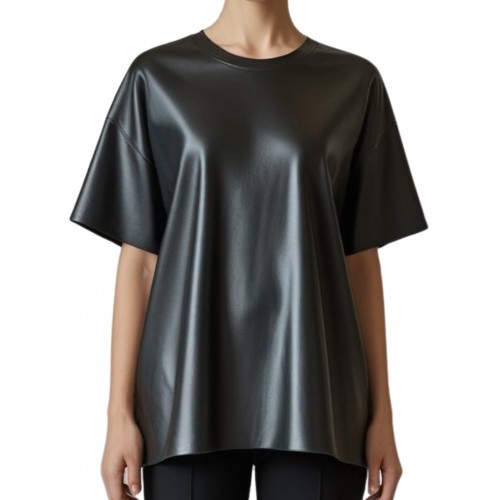 Tee shirt femme coupe évasée en cuir d'agneau noir  modèle Vinca