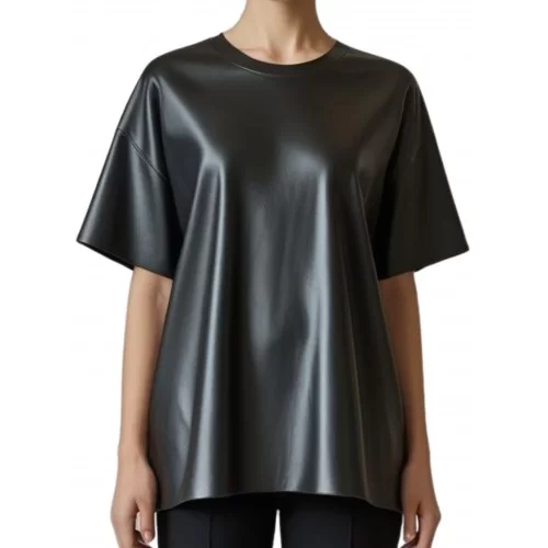 Tee shirt femme coupe évasée en cuir d'agneau noir modèle Vinca