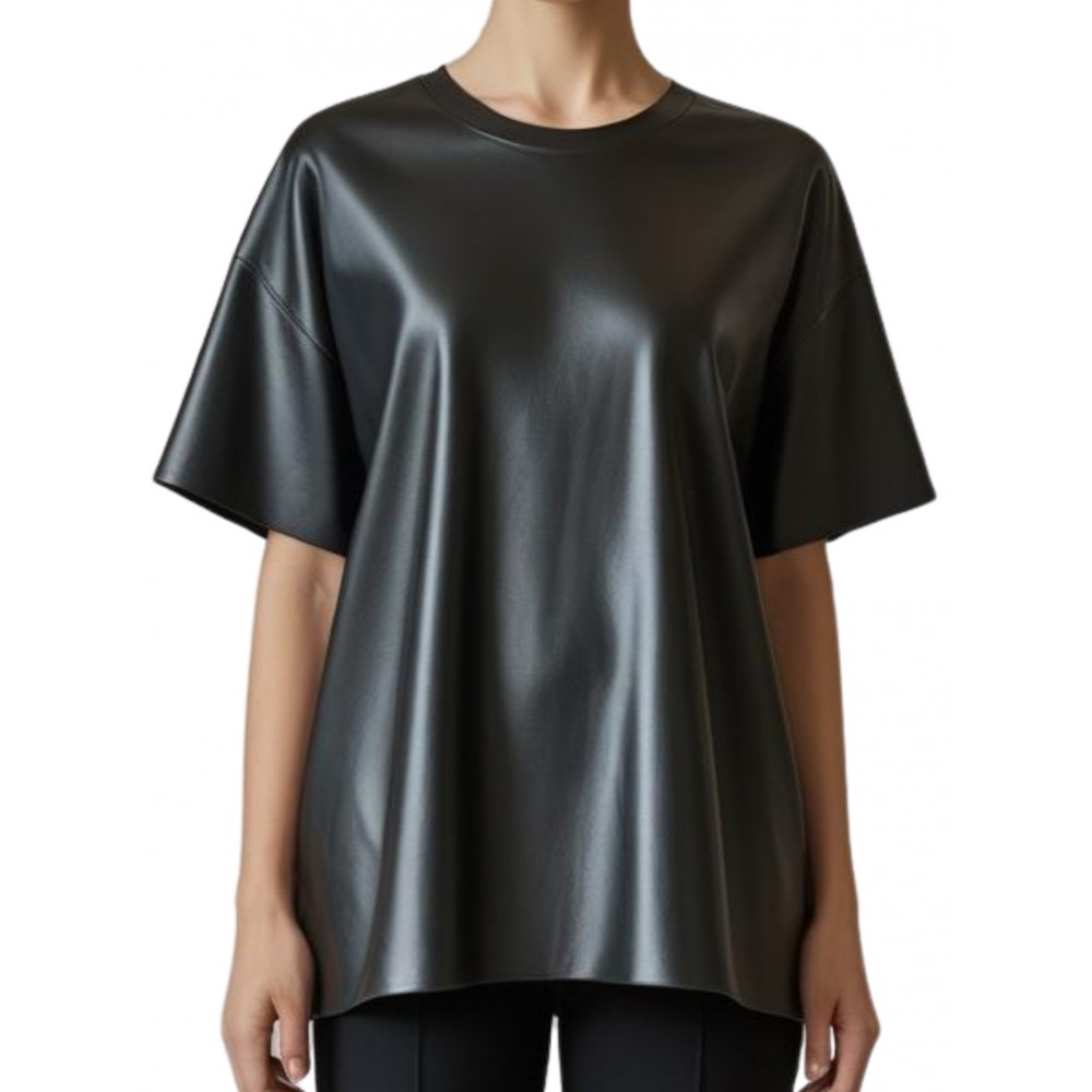 Tee shirt femme coupe évasée en cuir d'agneau noir  modèle Vinca