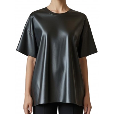Tee shirt femme coupe évasée en cuir d'agneau noir  modèle Vinca