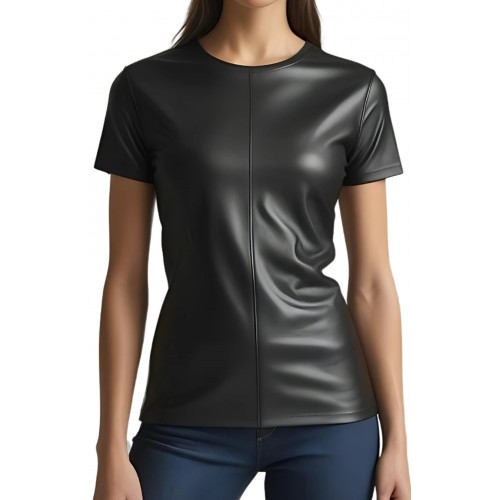 Tee shirt femme coupe classique en cuir d'agneau noir  modèle Aila