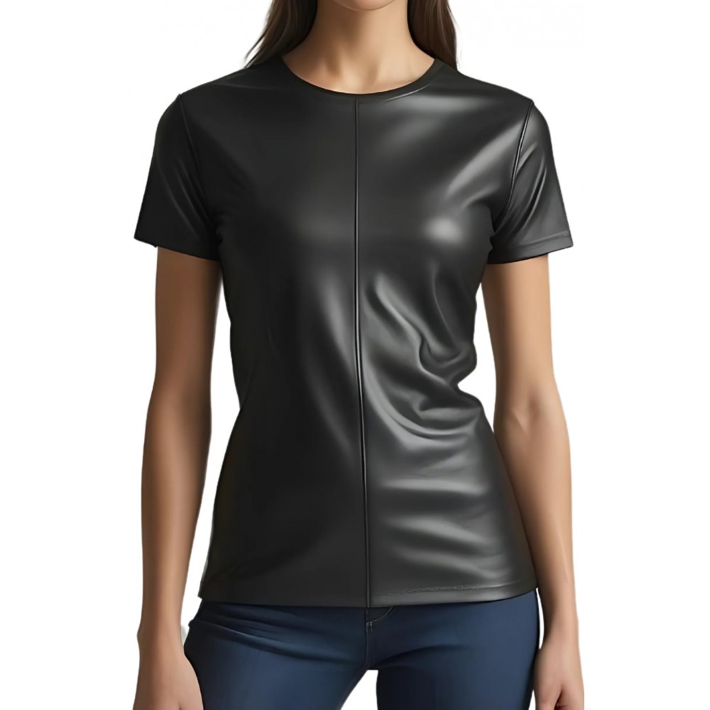 Tee shirt femme coupe classique en cuir d'agneau noir  modèle Aila