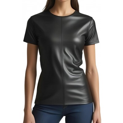 Tee shirt femme coupe classique en cuir d'agneau noir  modèle Aila