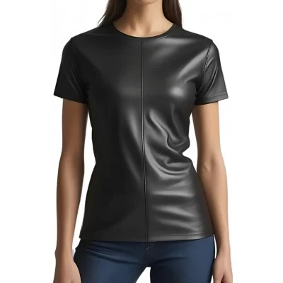Tee shirt femme coupe classique en cuir d'agneau noir modèle Aila