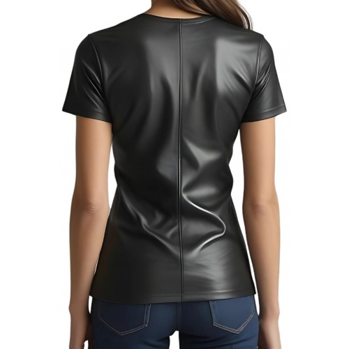 Tee shirt femme coupe classique en cuir d'agneau noir  modèle Aila