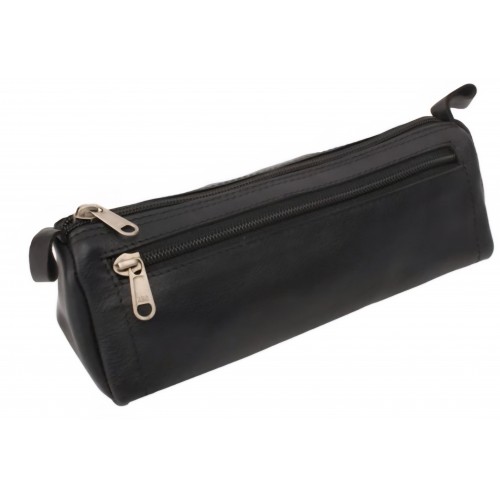 Grande trousse avec 2 zips en vachette de cuir noir