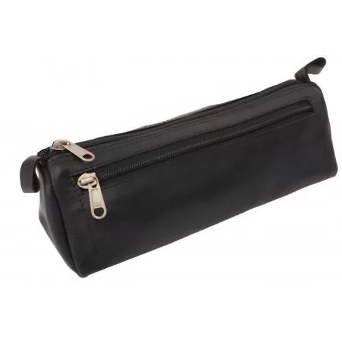 Grande trousse avec 2 zips en vachette de cuir noir