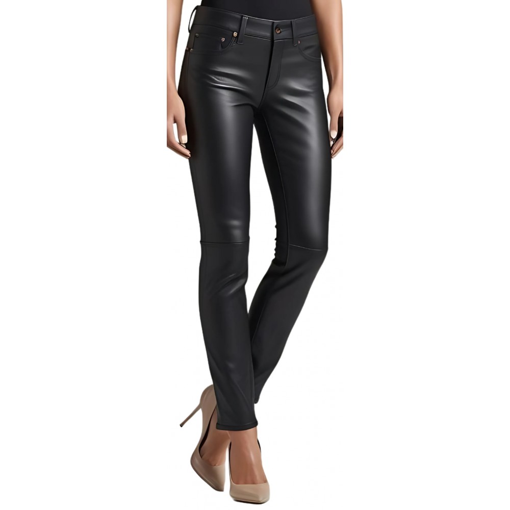 Pantalon jeans femme en cuir d'agneau stretch noir modèle Karisse