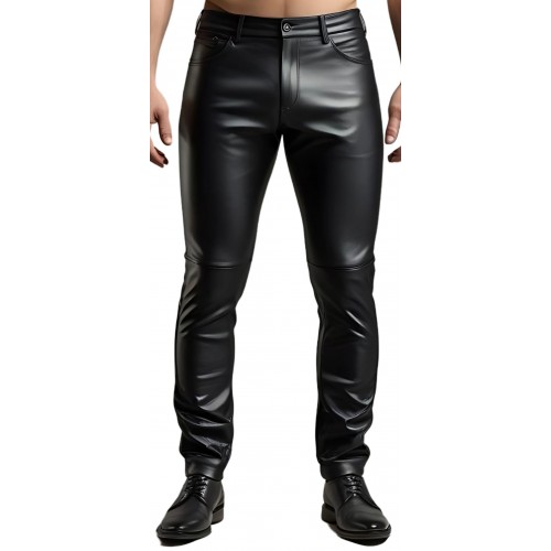 Pantalon jeans  homme en cuir d'agneau stretch noir modèle Plizza