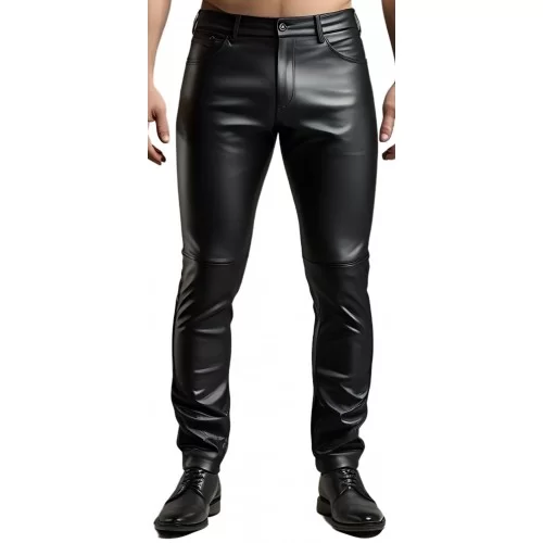 Pantalon jeans homme en cuir d'agneau stretch noir modèle Plizza