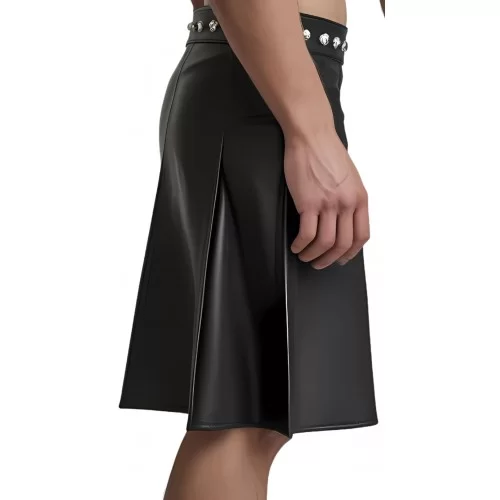 Kilt jupe gladiateur en cuir d'agneau noir avec rivets ronds en métal argenté à la ceinture modèle Brutuce