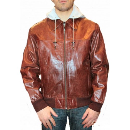 Blouson cuir homme vachette couleur châtaigne capuche tissu amovible modèle Reddy