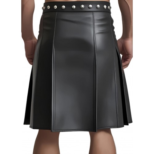 Kilt jupe gladiateur en cuir d'agneau noir avec rivets ronds en métal argenté à la ceinture modèle Brutuce