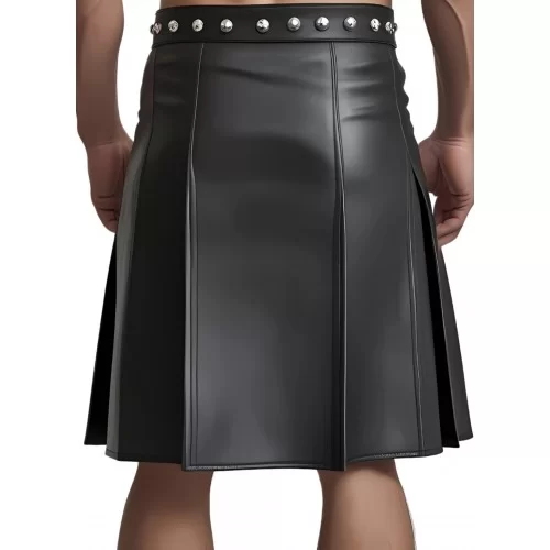 Kilt jupe gladiateur en cuir d'agneau noir avec rivets ronds en métal argenté à la ceinture modèle Brutuce