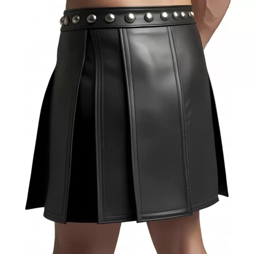 Kilt jupe courte gladiateur en cuir d'agneau noir avec rivets ronds en métal argenté à la ceinture modèle Roma