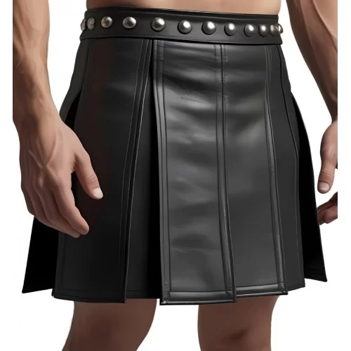 Kilt jupe courte gladiateur en cuir d'agneau noir avec rivets ronds en métal argenté à la ceinture modèle Roma