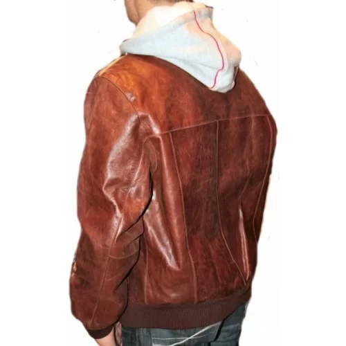 Blouson cuir homme vachette couleur châtaigne capuche tissu amovible modèle Reddy
