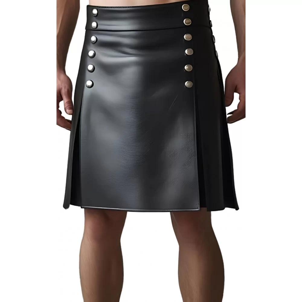 Kilt jupe gladiateur en cuir d'agneau noir avec rivets ronds en métal argent modèle Naomi