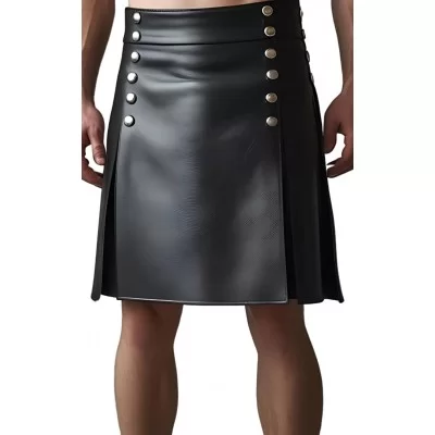 Kilt jupe gladiateur en cuir d'agneau noir avec rivets ronds en métal argent modèle Naomi