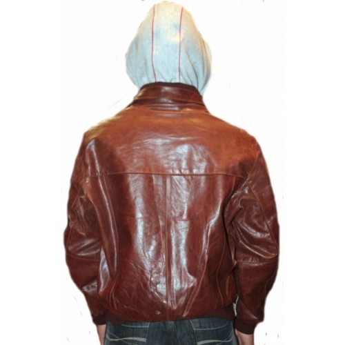 Blouson cuir homme vachette couleur châtaigne capuche tissu amovible modèle Reddy