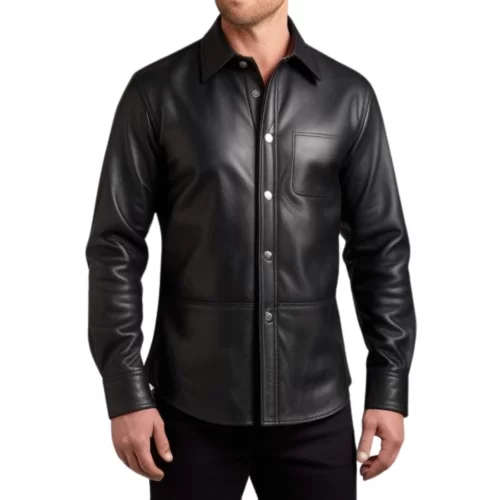 Chemise homme en cuir d'agneau noir fermée par boutons modèle Circly