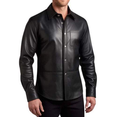 Chemise homme en cuir d'agneau noir fermée par boutons modèle Circly