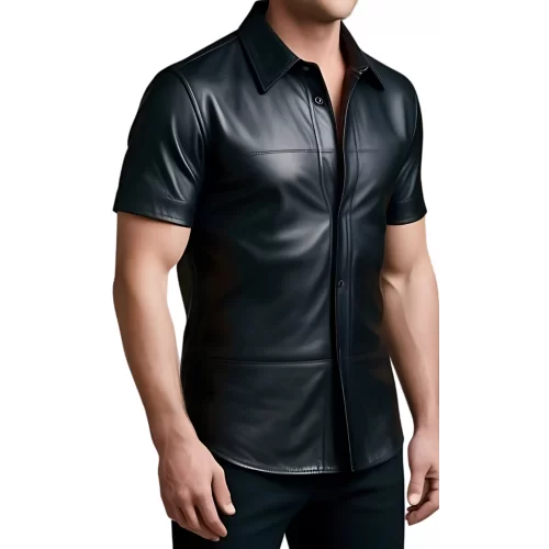 Chemise manches courtes en cuir noir d'agneau fermé par pressions en métal modèle Armandi