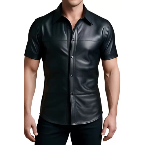Chemise manches courtes en cuir noir d'agneau fermé par pressions en métal modèle Armandi
