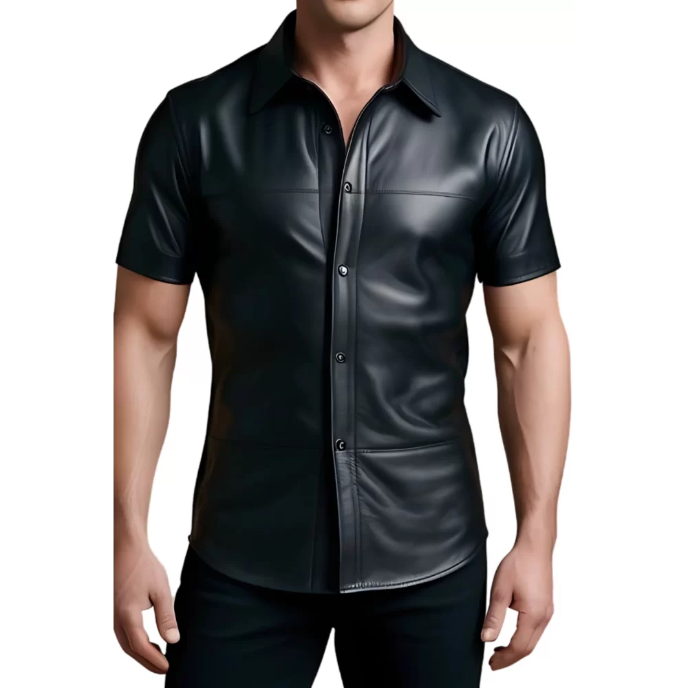 Chemise manches courtes en cuir noir d'agneau fermé par pressions en métal modèle Armandi