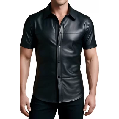 Chemise manches courtes en cuir noir d'agneau fermé par pressions en métal modèle Armandi