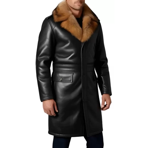 Trois quart homme en cuir d'agneau noir col en renard naturel véritable amovible fermeture par boutons modèle Richardy