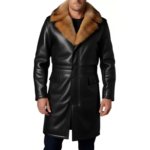 Trois quart homme en cuir d'agneau noir col en renard naturel véritable amovible fermeture par boutons modèle Richardy