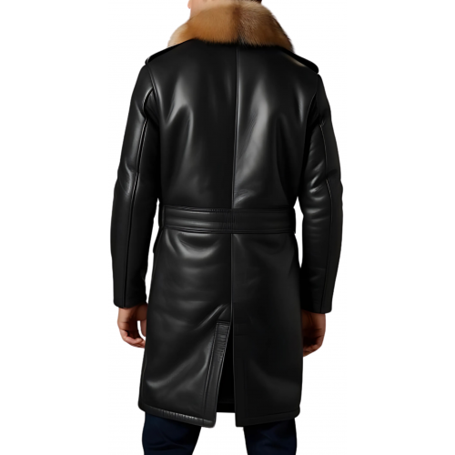 Trois quart homme en cuir d'agneau noir col en renard naturel véritable amovible fermeture par boutons modèle Richardy