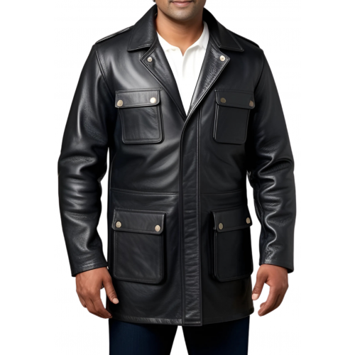 Trois quart homme en cuir d'agneau épais noir multi poches modèle Borice