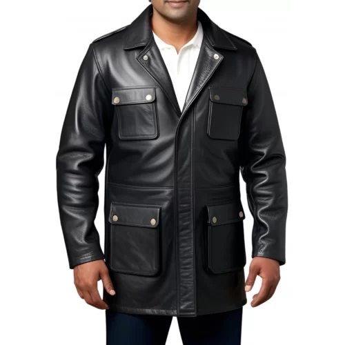 Trois quart homme en cuir d'agneau épais noir multi poches modèle Borice