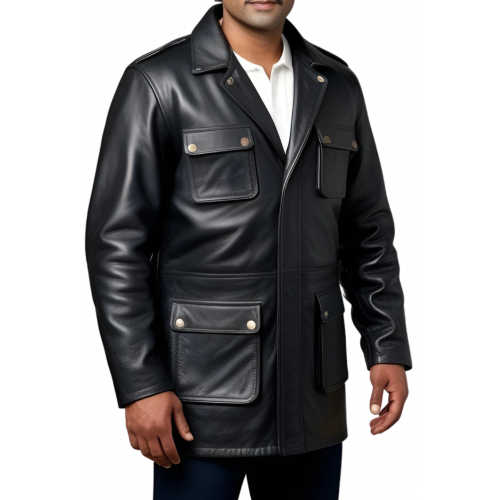 Trois quart homme en cuir d'agneau épais noir multi poches modèle Borice