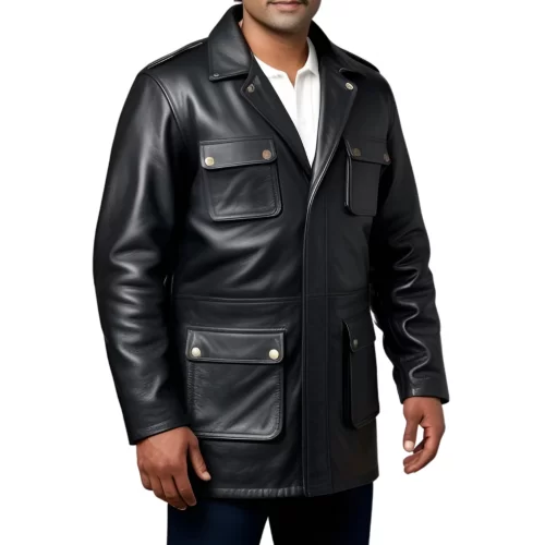 Trois quart homme en cuir d'agneau épais noir multi poches modèle Borice