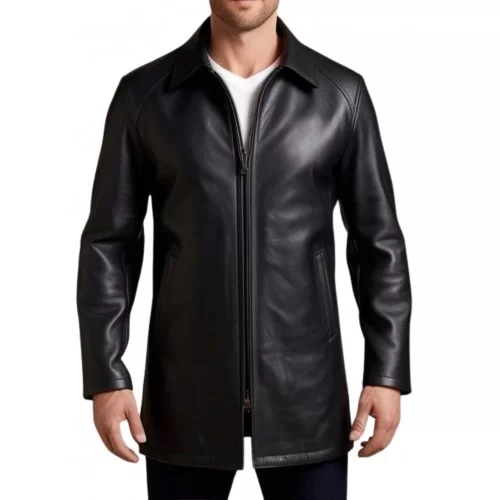 Trois quart homme en cuir d'agneau noir fermeture par zip sur l'avant modèle Grizou