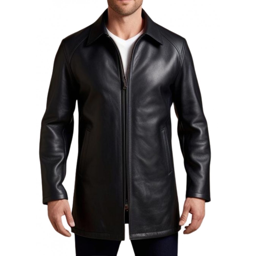 Trois quart homme en cuir d'agneau noir fermeture par zip sur l'avant modèle Grizou