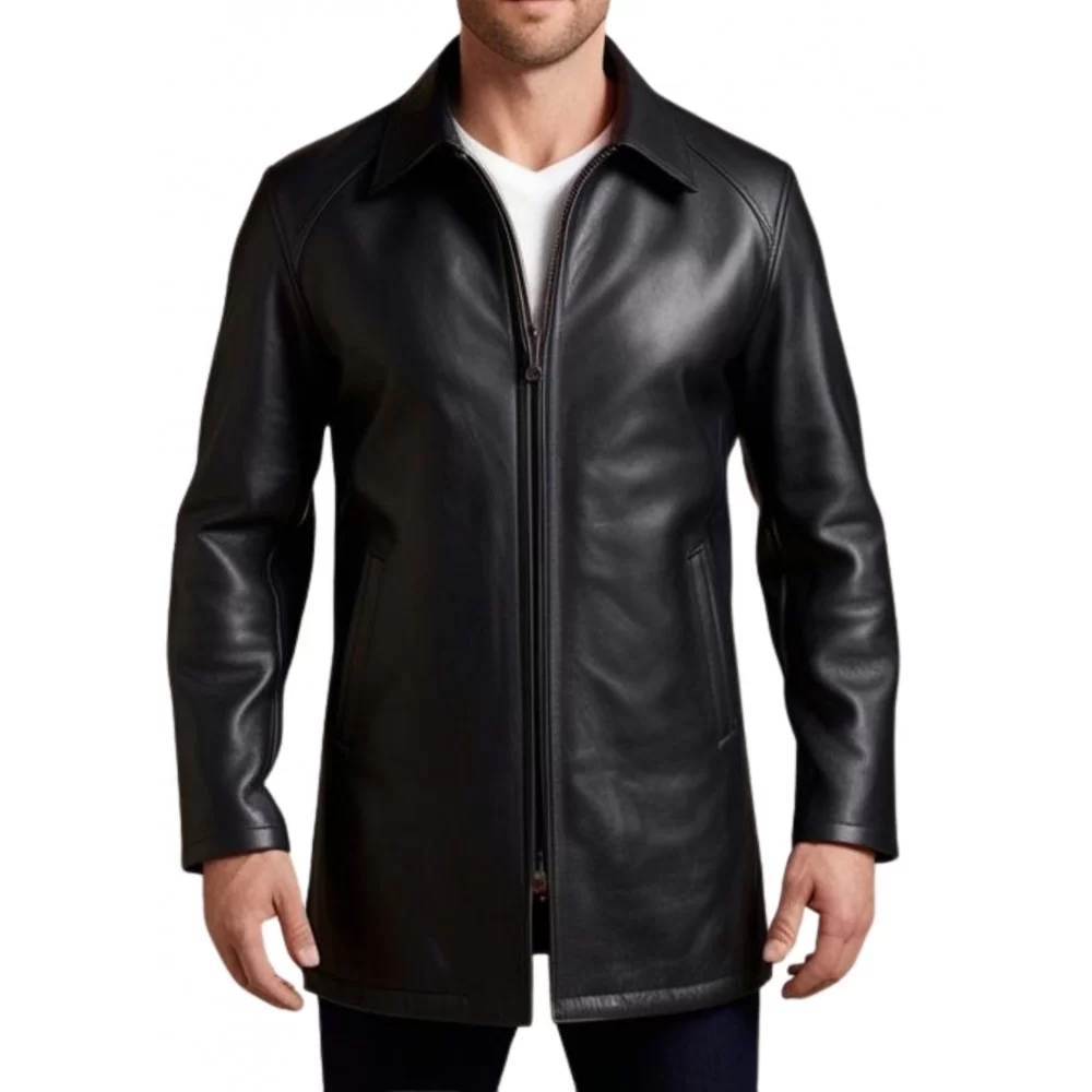 Trois quart homme en cuir d'agneau noir fermeture par zip sur l'avant modèle Grizou