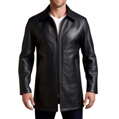 Trois quart homme en cuir d'agneau noir fermeture par zip sur l'avant modèle Grizou