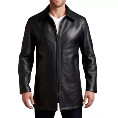 Trois quart homme en cuir d'agneau noir fermeture par zip sur l'avant modèle Grizou